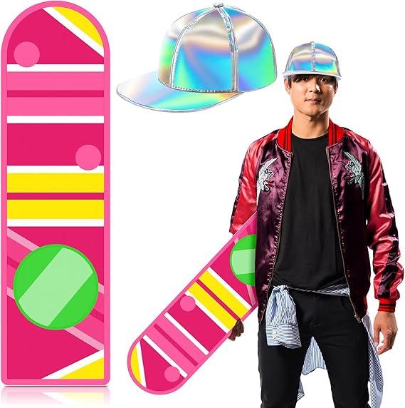 Zoooyawn Back to the Future Halloween Costume Accessories Including Shiny Silver Holographic Baseball Hat Skateboard Prop for Adult Women Men Cosplay Party Supplies