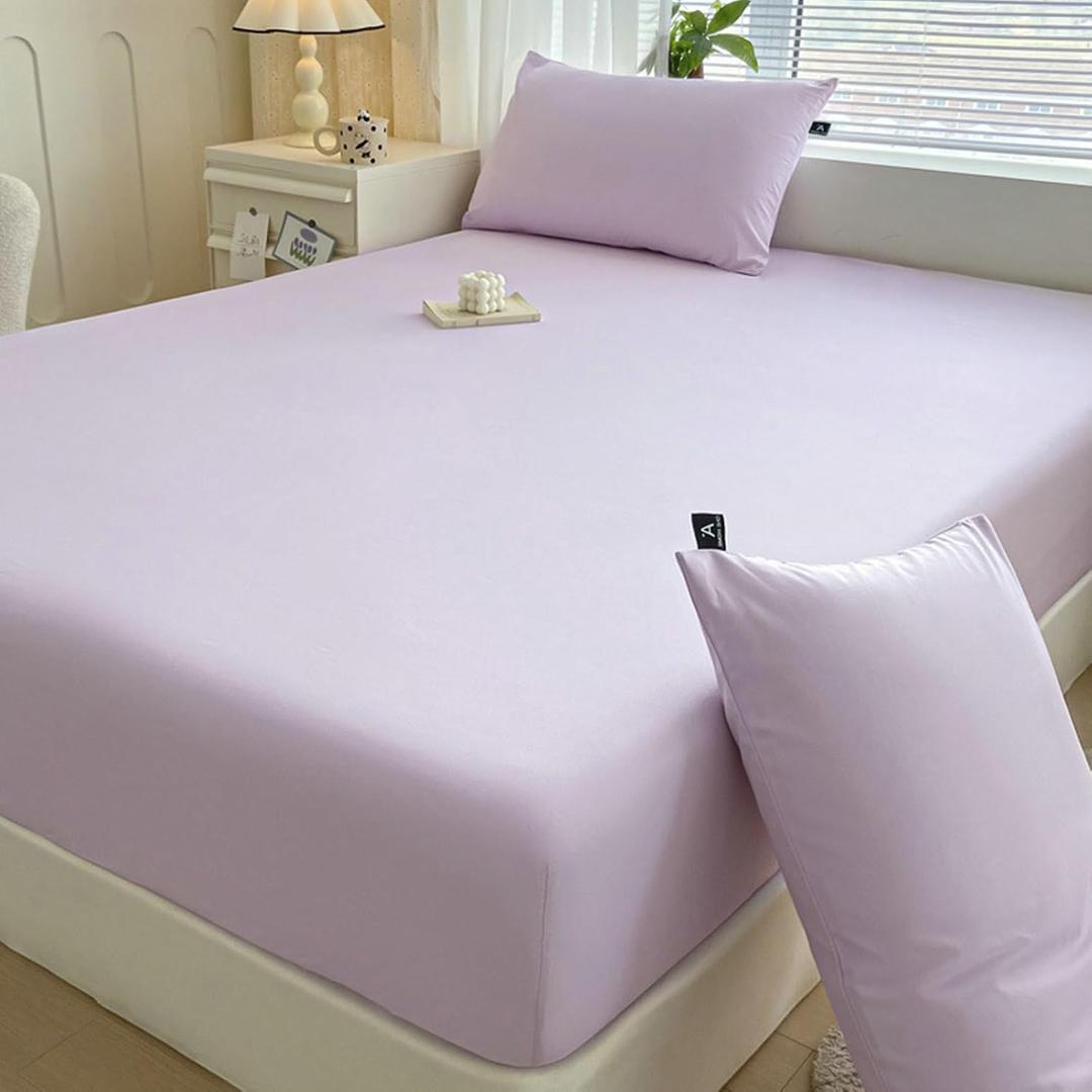Fitted Bed Sheets Set, 2 Cotton Solid Color Mattress Protectors, 2 Pillowcases, Purple, Queen