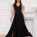 Women's Formal Dress V Neck Sleeveless Winter Wedding Guest Split Cocktail Party Prom Long Dresses (Black, M)
