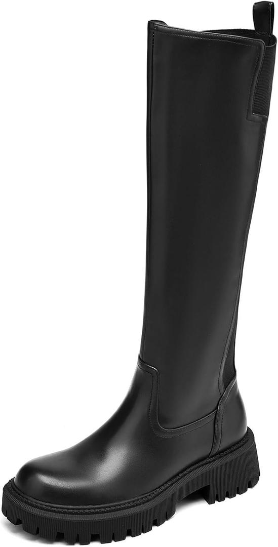 Women's Knee High Boots Fashion Platform Lug Sole Tall Riding Boots Comfortable Stretch Calf Dress Long Boots (7, Black)