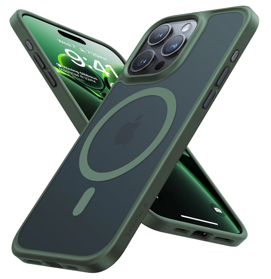TORRAS Magnetic Shockproof for iPhone 15 Pro Case, [MilitaryGrade Drop Tested][Compatible with MagSafe] Translucent Hard PC Back with Silicone Slim Protective Cover AntiFingerprint, Green
