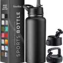FineDine Triple Walled, Insulated Water Bottles with Straw - 32 Oz Stainless Steel Metal Bottle W/ 3 Leak Proof Lids - For Travel, School, Sports, Gym/Men, Women & Kids - Inky Raven Black