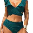 ZAFUL Women High Waisted Bikini Sets Two Piece Tie Back Ruffle Swimsuit Cross Cutout Ruched Bathing Suit 2025 Green,XL