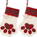 Jetec 2 Pieces 17.7 Inch Christmas Pet Stockings Cat Dog Paw Pattern Buffalo Plaid Fireplace Hanging Stockings for Christmas Fireplace Tree Decoration(Red)