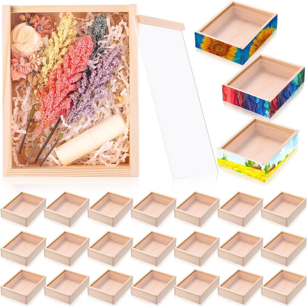 Thyle 12 Pcs Unfinished Wood Boxes, Small Rectangle Crates Wooden Box with Lid for DIY Birthday Party Favor Gift Supplies (6.3 x 4.9 x 1.8 Inch)
