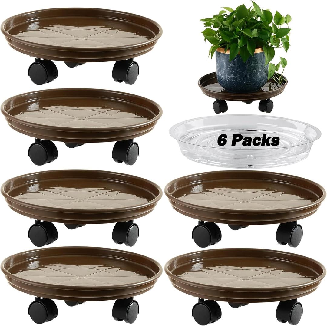 6 Packs 15 Extra-large Plant Caddy Plant Saucers on Wheels Rolling Plant Stands Heavy-duty Plant Dolly Plastic Planter Roller Base Pot Movers Outdoor Plant Tray Coaster, Clear Plant Saucers x 6 (Brown gloss)