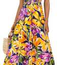 BTFBM Womens Spring 2026 Casual Maxi Dresses Short Sleeve Smocked Tiered Floral Boho Long Beach Dress with Pockets (XXL)