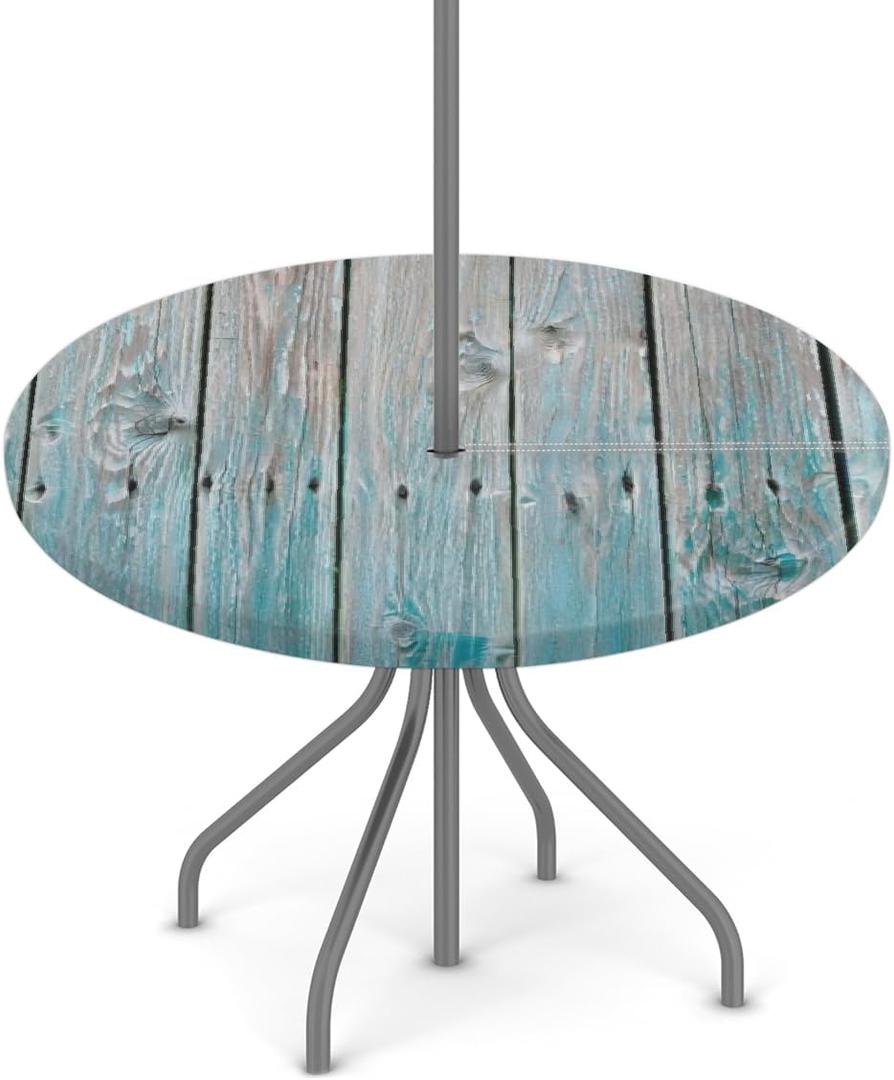 Stained Wooden Color Round Outdoor Tablecloth with Umbrella Hole, Round Fitted Table Cloth with Elastic Zippered Table Covers 36-44in Waterproof Umbrella Tablecloths Circle Elastic Table Cover