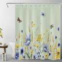 Blue and Yellow Floral Shower Curtain Butterfly and Flower Botanical on Sage Green Shower Curtain Set for Bathroom Spring Wildflower Plant Fabric Bath Curtain with 10pcs Hooks,60x72 Inch