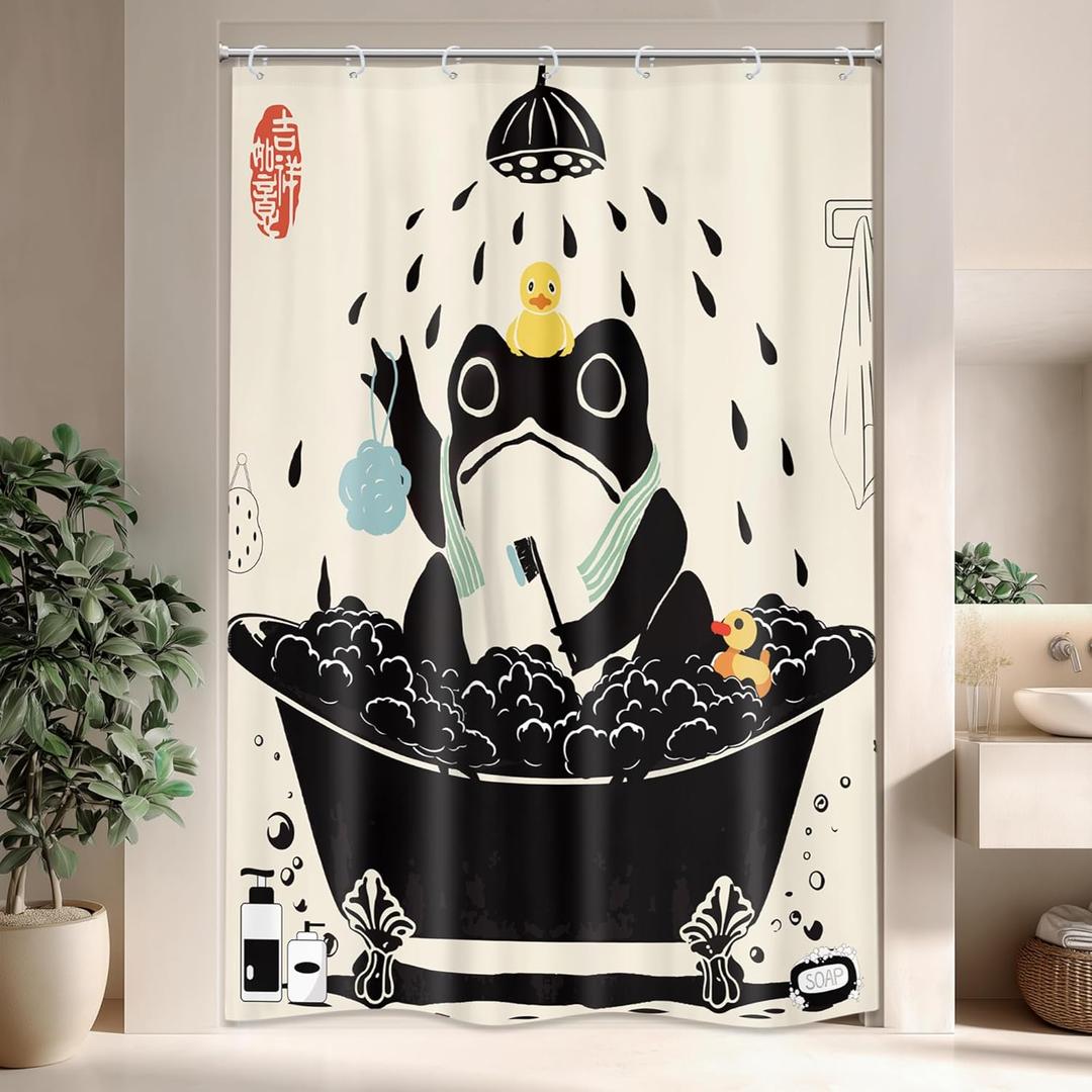 LGhtyro Funny Frog Shower Curtain Bathroom Set 48Wx71H Inches Cute Retro Animal Taking Shower Rubber Duck Asian Style Traditional Japanese Bath Accessories Frog Art Home Decor Fabric 8 Pack Hooks