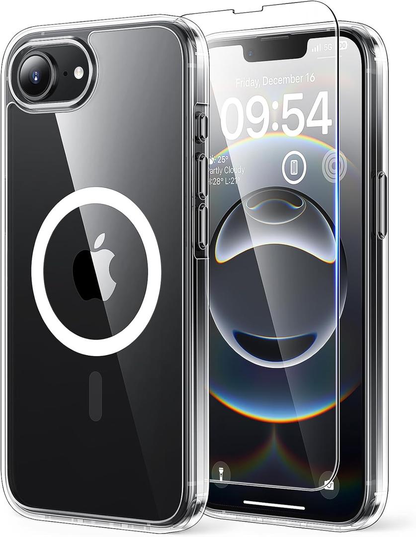 TAURI for iPhone 16e Case, Compatible with MagSafe, Anti-Yellowing with Screen Protector, Shockproof Military-Grade Protection, Slim Magnetic Phone Case for iPhone 16 e 6.1", Clear