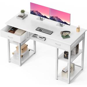 DUMOS 48" Small Computer Home Office Desk for Bedroom with Drawers, Gaming Writing Study Table with Storage Shelf, Adjustable Feet, Metal Frame White