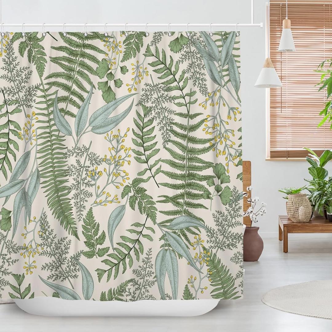 Vintage Fern Leaf Leaves Sage Green Shower Curtain, Rural Eucalyptus Plant Natural Farmhouse Floral Botanical Art Printed Fabric Waterproof Curtain for Bathroom w/12 Plastic Hooks