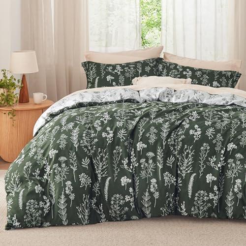 Bedsure Full Comforter Set - Dark Olive Green Bed Set, 3 Pieces Cute Floral Bedding, 1 Soft Reversible Botanical Flowers Comforter and 2 Pillow Shams,Size Full