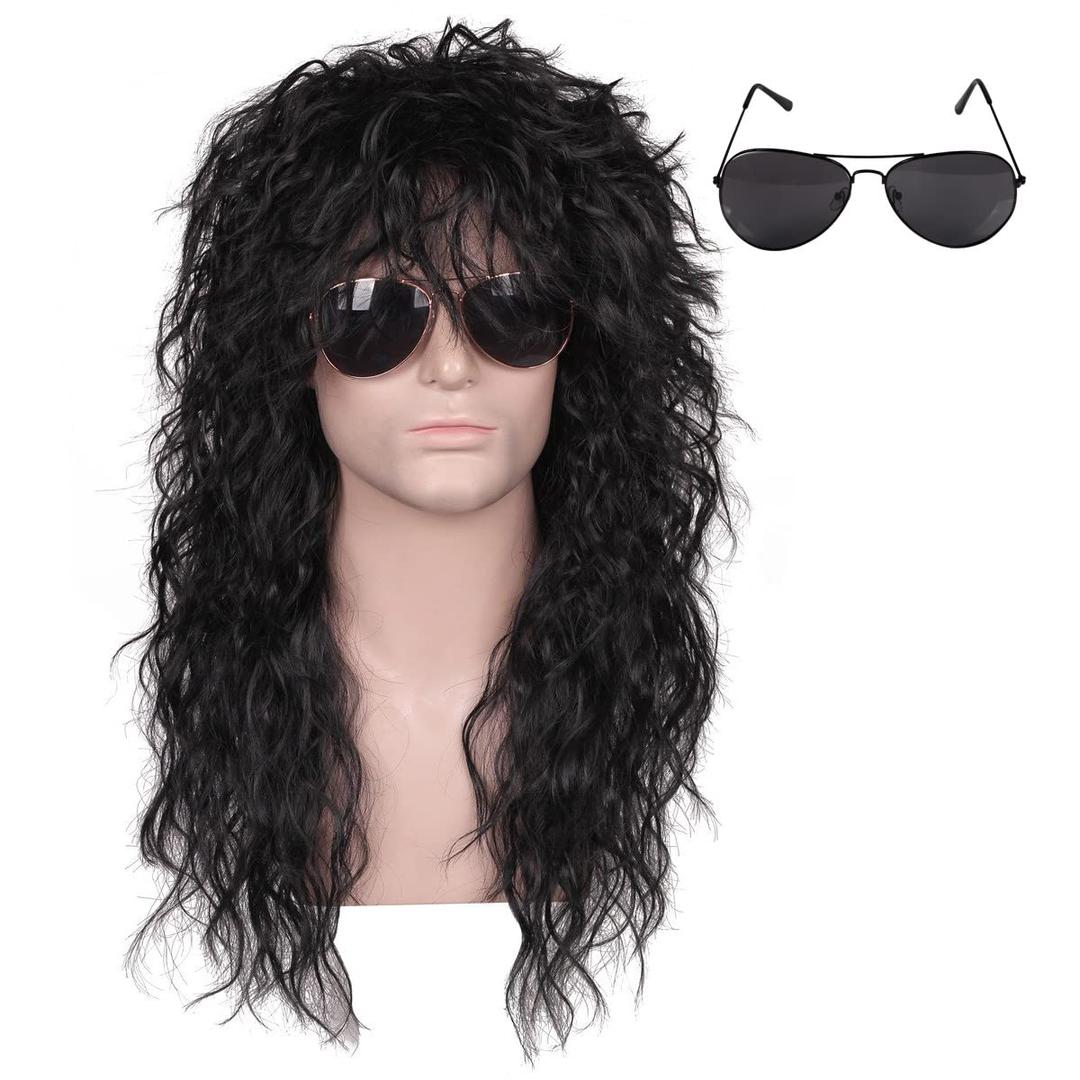 FantaLook 80s Wig with SunGlass for Men Black Curly Cosplay Wig for Halloween
