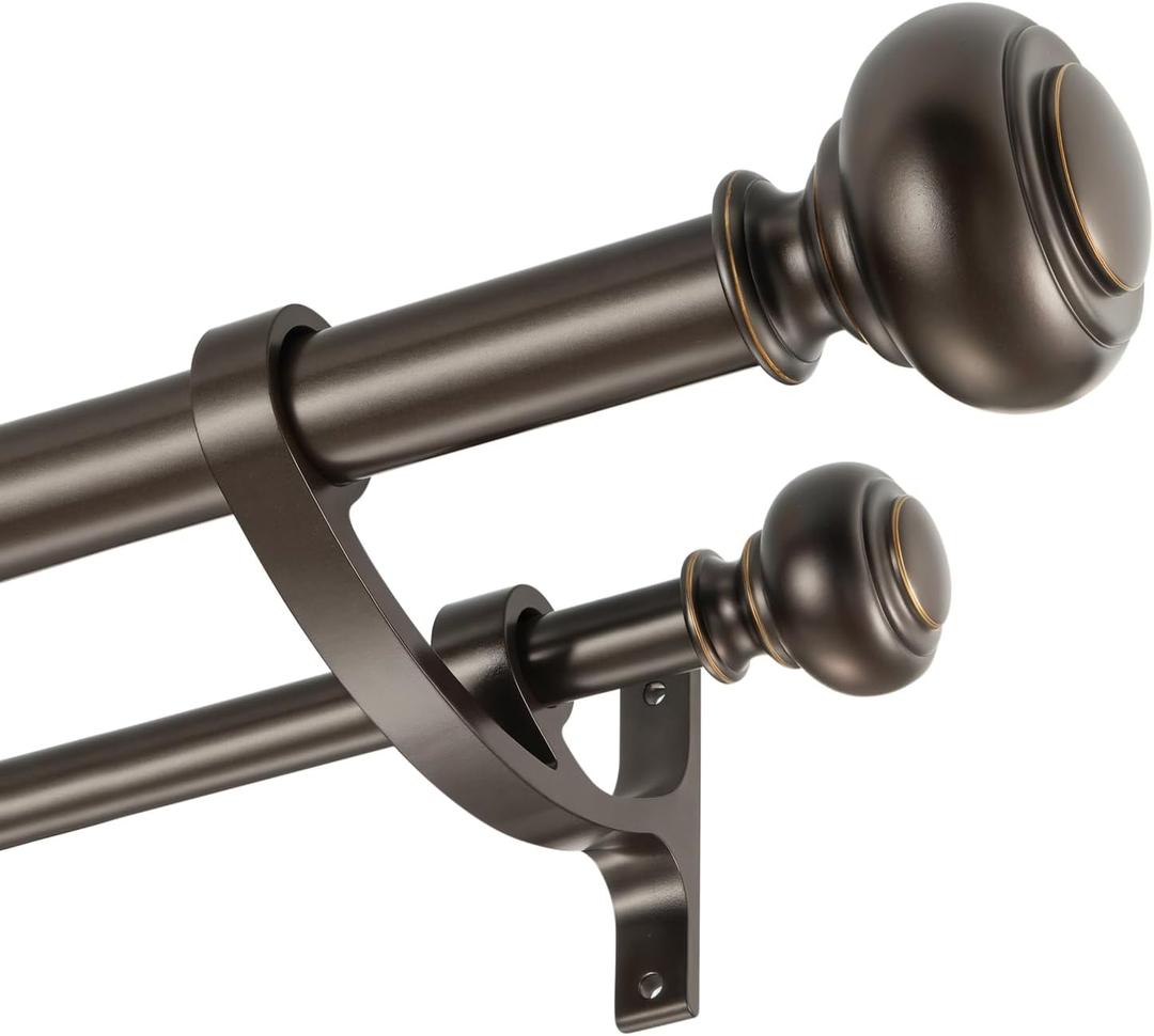 Double Curtain Rod 36-72 Inches with Aluminum Alloy Brackets, Adjustable 1-Inch Front and 5/8 Inch Back Double Window Drapery Rod, Heavy Duty Telescoping Rod with Classic Finials, Antique Brown