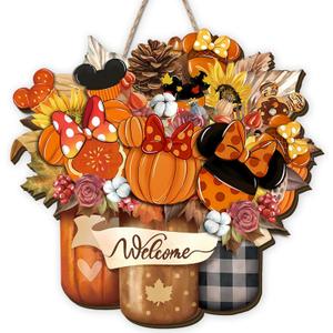 Fall Wooden Wreaths for Front Door Thanksgiving Autumn Pumpkin Welcome Sign Decor Cartoon Mouse Fall Decorations for Home Party Door
