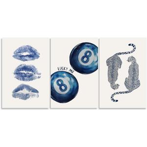 Navy Canvas Wall Art Set Retro 8 Ball Poster Blue Cheetah Print Trendy Kiss Lips Art Prints Preppy Aesthetic Dorm Room Decor Trendy Blue Painting Picture for Apartment Bedroom 12x18inch Unframed