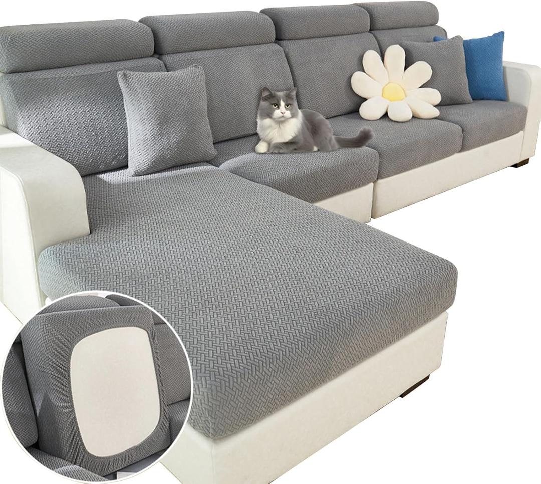 Couch Cushion Covers, Sectional Couch Covers, Stretch Couch Covers for L Shaped & Modular Seats, Pet-Friendly Furniture Protector with Stripe Design (Gentleman Gray, 2 Seaters+1 Chaise)