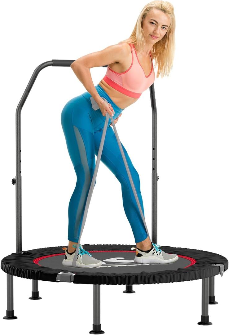 40" Mini Flodable Spring Rebounder Trampoline for Adults, Small Exercise Trampoline for Indoor Workout and Fitness, Purple Resistance Band Included, Max Load 330 LBS