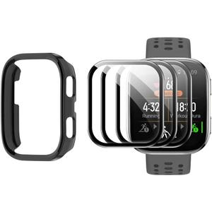 Watch Screen Protector (3+1Pack) Compatible for Amazfit Bip 6,Full Coverage 3D Curved Edge Frame PET Film Anti-Scratch High Definition and Hard PC Protective Case (black)