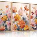 Nature Pink Floral Framed Canvas Wall Art Set, Boho Colorful Wildflowers Botanical Wall Decor, Modern Aesthetic Bohemian Flowers Art Print for Living Room, Bedroom-24 x36 x3