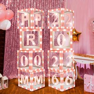 Sinmoe 8 Pcs 2026 Prom Graduation Boxes Decoration Photo Booth Border Lighting 12'' Column Standup with 2026 Prom Letters Graduation Props Backdrop Decor for Party Supplies(Pink)