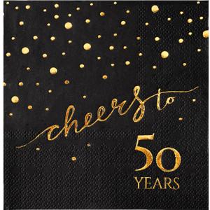 100 Pack of 50th Birthday Napkins, Cheers to 50 Cocktail 5x5 Inches Party Paper Napkins for Birthday Decorations Wedding Anniversary Black and Gold, 3-Ply