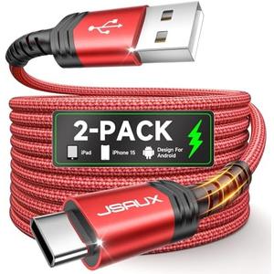 JSAUX USB C Cable [2-Pack 6.6ft], USB A to USB Cord 3.1A Fast Charging Compatible with iPhone 16/16 Plus/16 Pro/16 Pro Max/iPhone 16e/iPhone 15 Series, Samsung S20 S10 S9, Note 20 10, Car Play - Red