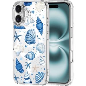 MAYCARI Ocean Theme Original iPhone 16 Case Compatible with Magnet Blue Marine Shells Clear Magnetic Phone Cover for Girls Women Summer Soft TPU Hard Back Shockproof Protective Case for 16 6.1"