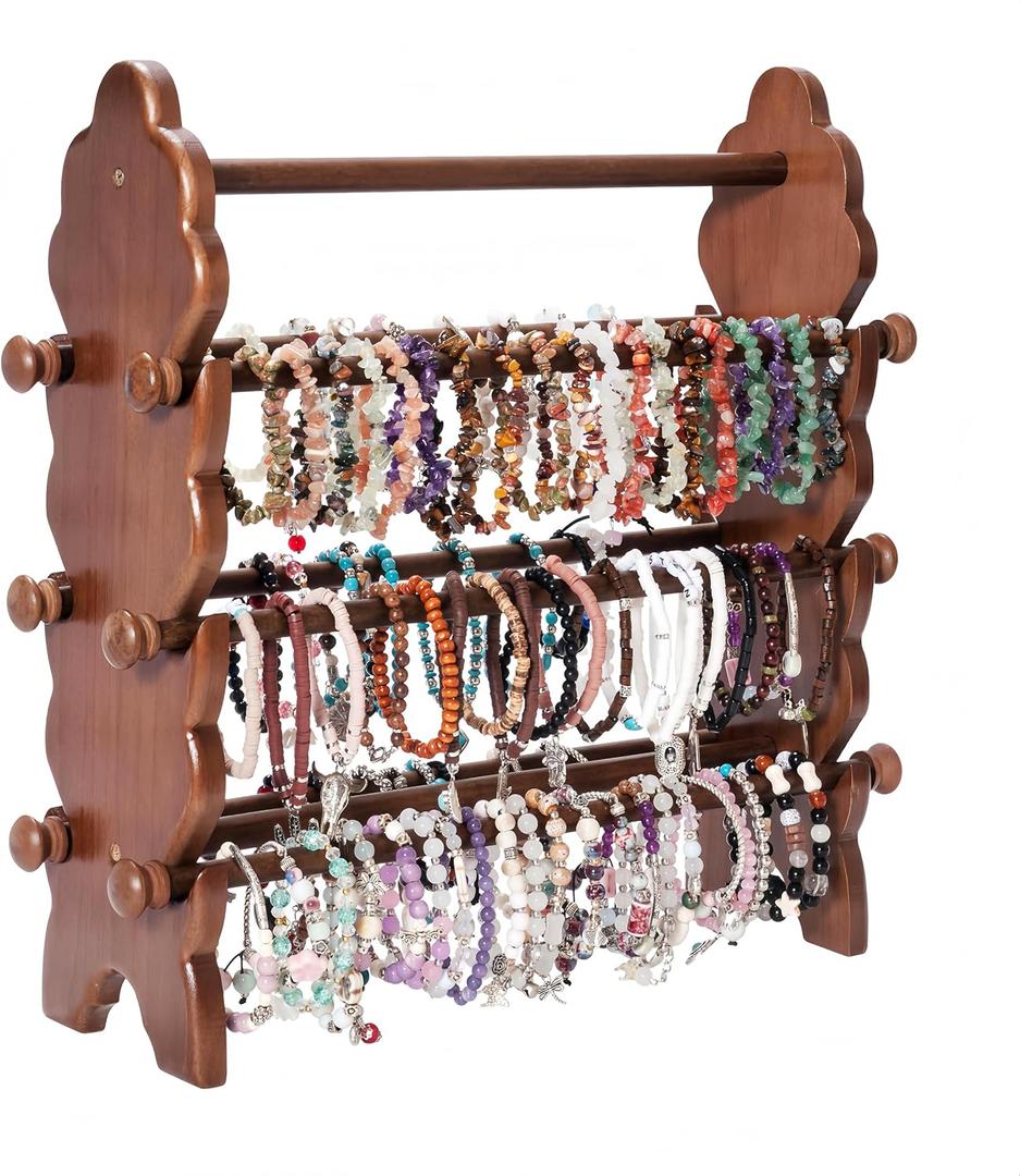 Two-Sided Wooden Jewelry Bracelet Holder Display Stand with 6 Removable Holders - 3 Tier Bar Bangle Organizer Perfect for Organizing and Showcasing Bracelets, Watches, and Accessories
