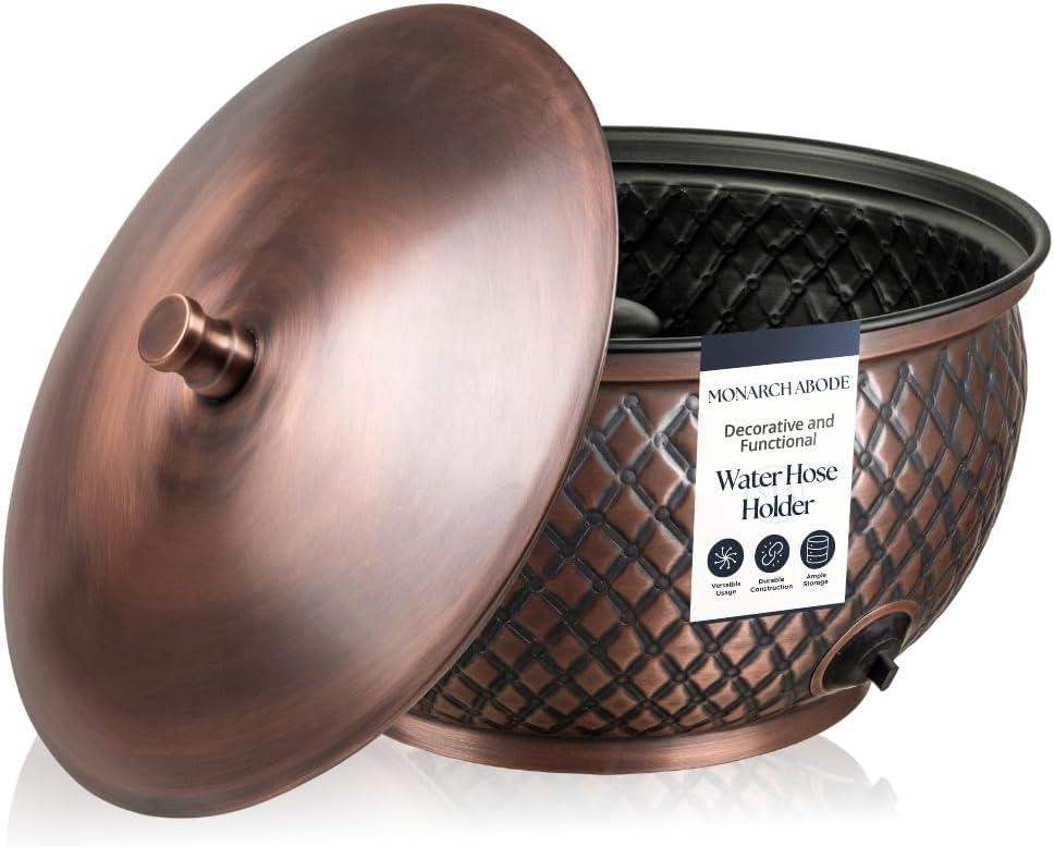 Monarch Abode Garden Hose Holder with Lid Decorative Water Hose Holders for Outside, Diamond Embossed Metal Antique Copper Pot with Drainage, 100ft Waterhose Holder for Outside, Garden Storage Caddy