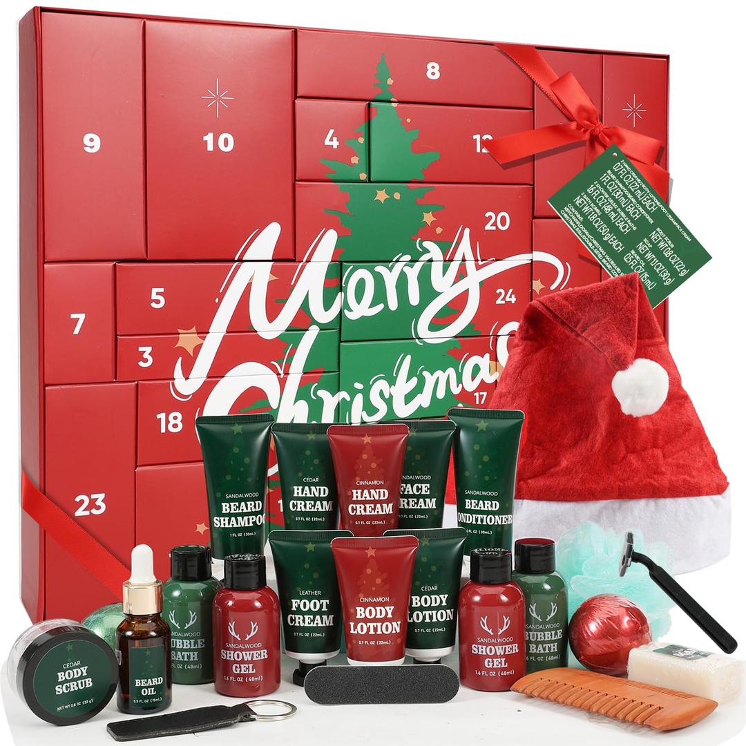 Advent Beauty Calendar for Adults 2025 Rinse & Robust Beard Care Kit Christmas Gifts for Men Skincare Beauty Advent Calendar for Men Christmas 24 Days Countdown Calendar Beard Care Grooming (Red)