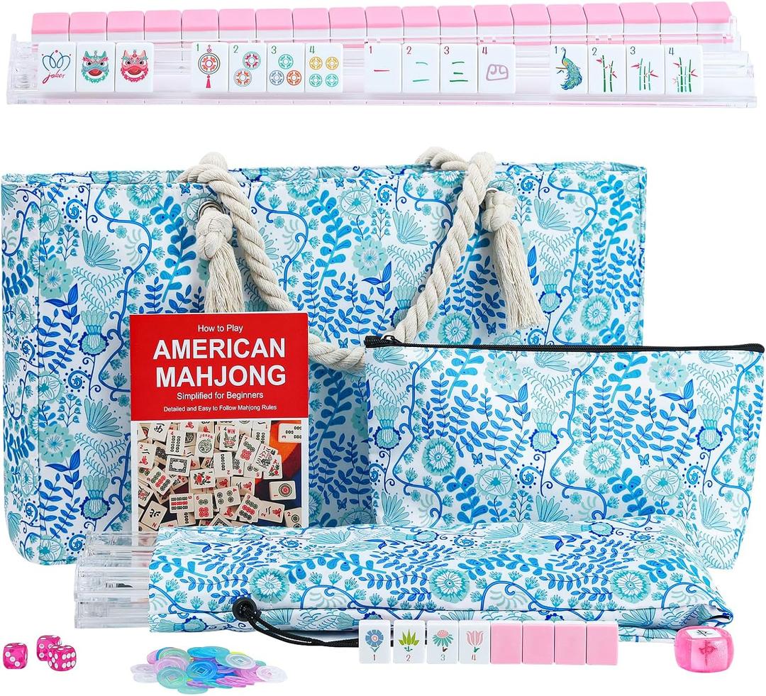 American Mahjong Set with Blue Carrying Bag and Accessories, 160 Pink Engraved Tiles, 4 All-in-One Rack/Pushers, 1.2 Mahjong Tile Set