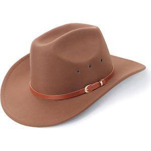 AQOKKA Western Cowboy Hats for Women Classic Felt Wide Brim Fedora Hat with Belt Buckle Retro Panama Hat Unisex Rolled up Cap