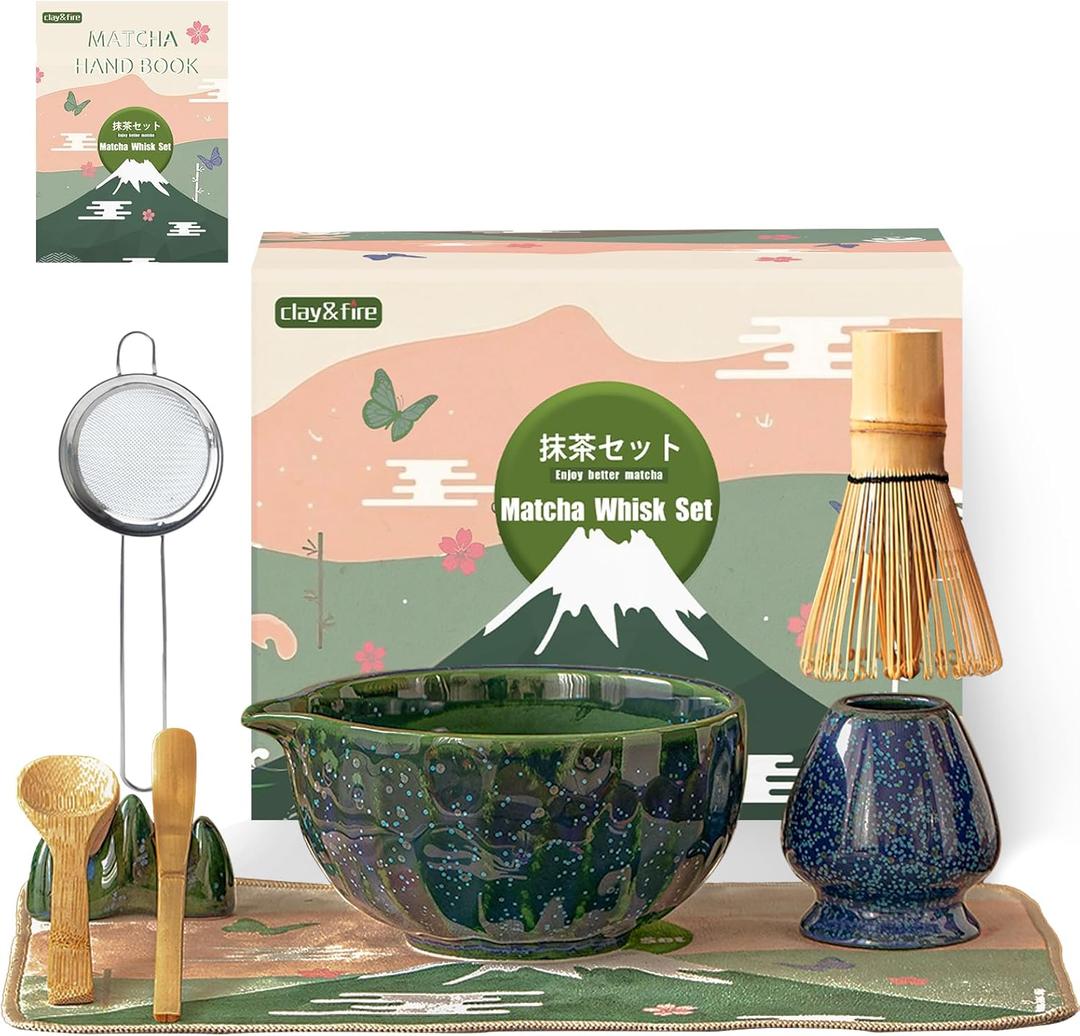 Clay&Fire Matcha Whisk Set9 Pcs Ceramic Matcha Set, 15 OZ Matcha Bowl with Spout and Whisk for Friend, Ideal Gift for Matcha LoverStarry