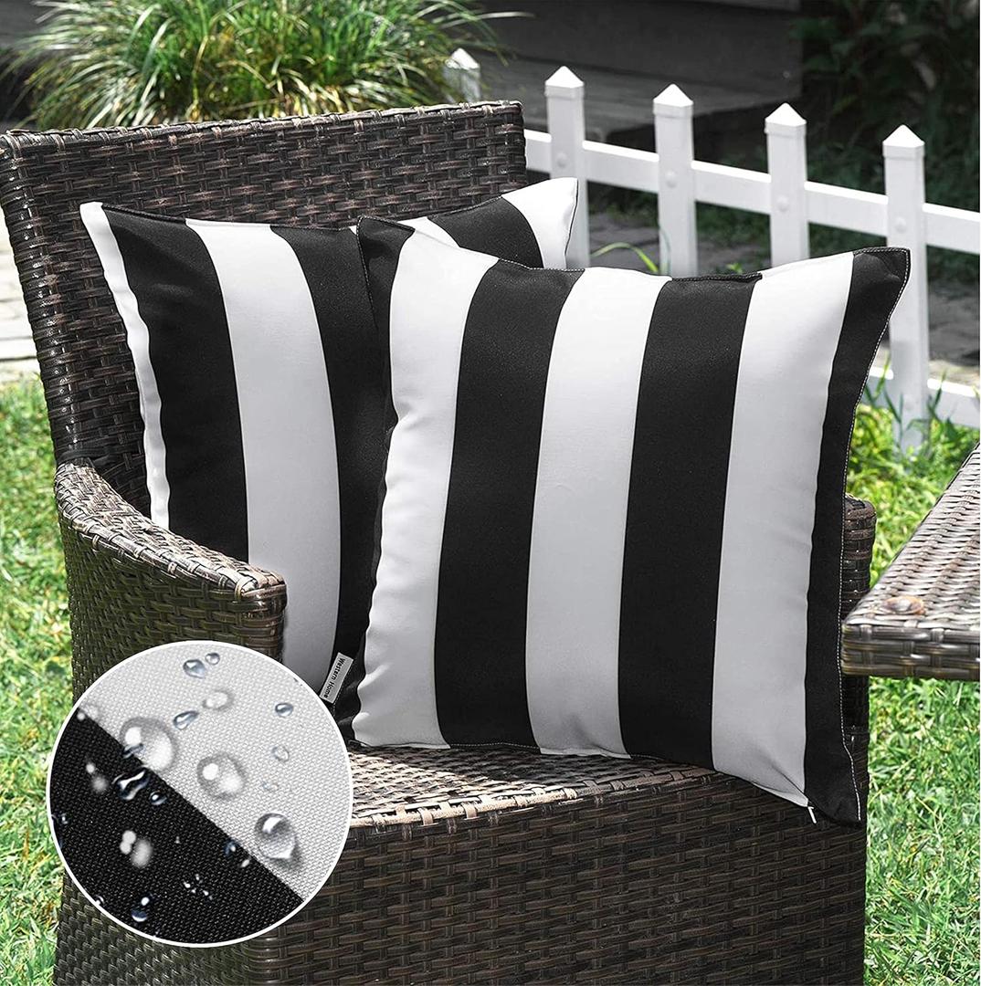 WESTERN HOME WH Pack of 2 Decorative Outdoor Waterproof Striped Throw Pillow Covers Polyester Garden Modern Farmhouse Striped Cushion Cases for Patio Tent Balcony Couch Sofa 18x18 inch Black