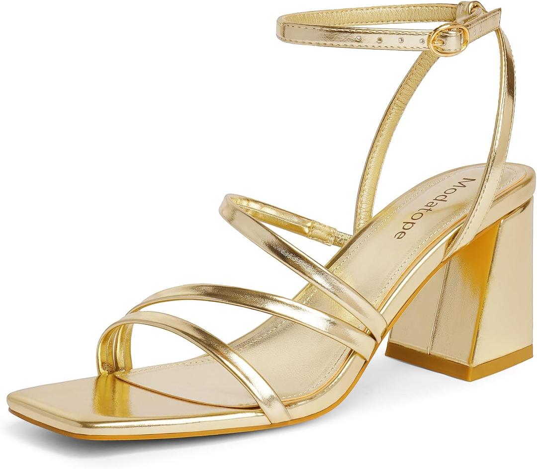 Modatope Women Heeled Sandals Strappy Heels Square Open Toe Chunky Block Heels Ankle Strap Sandals for Women Comfortable Heels (8, Gold)