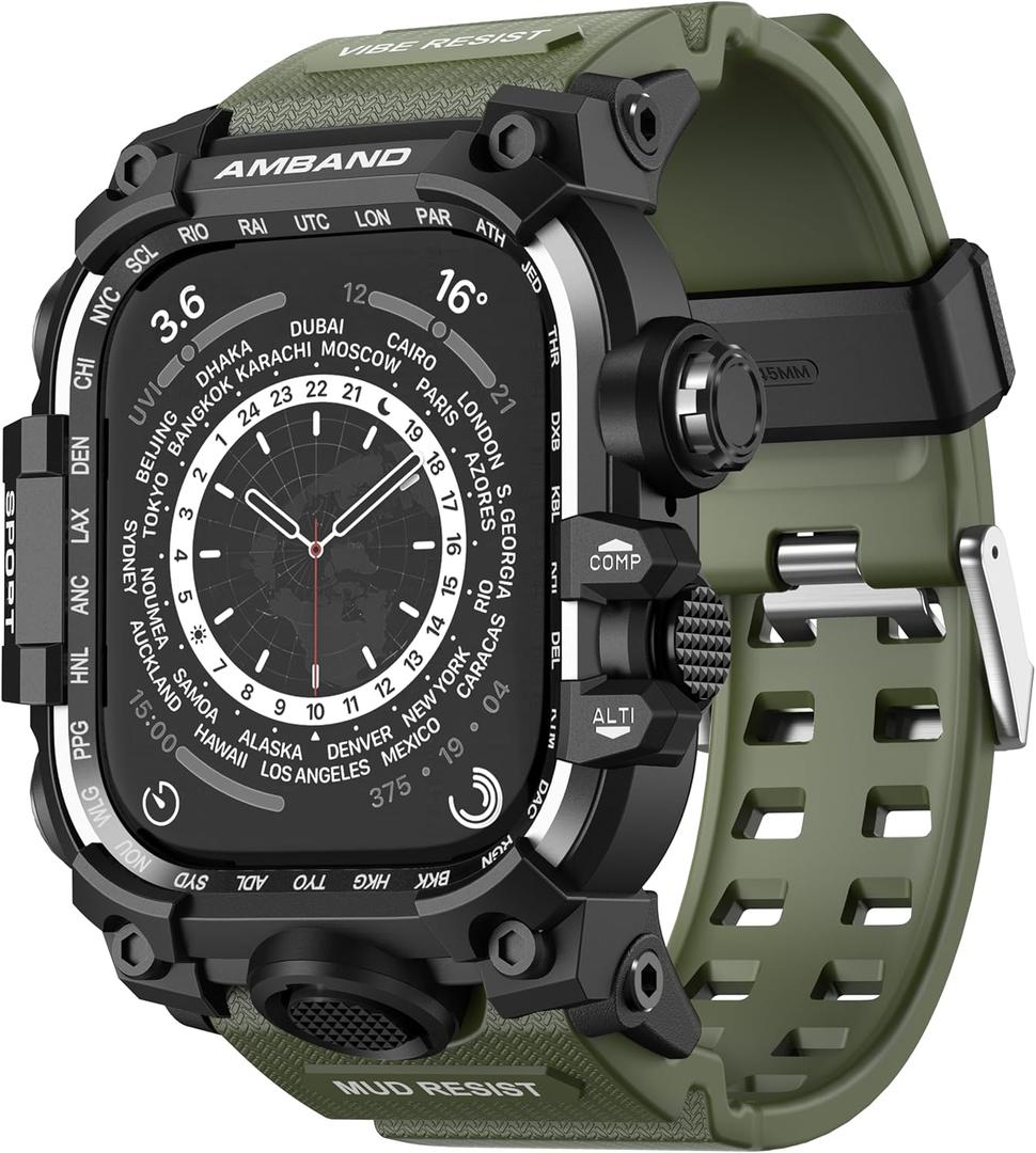 amBand Rugged Case with Band for Apple Watch 45mm, Compatible with Apple Watch (iWatch) Series 9/8/7, Military Grade Shockproof Bumper Cover, Tactical Band for Men, Army Green