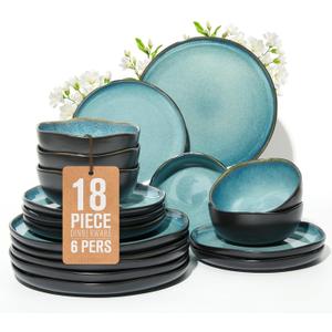 Pokini Ceramic Dinnerware Sets for 6, 18pcs Plates and Bowls Sets Dish Set | Stoneware Dishware sets, Microwave & Dishwasher Safe, Cereal Bowls and Dinner Plates Set, Stackable Dishes Set, Green Black