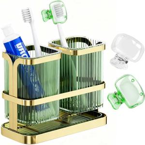 Toothbrush Holders for Bathrooms, Toothbrush Holder Wall Mounted, Kitchen Utensil Holder, 2 Cups Dry & Wet Separation, Kitchen Bathroom Tooth Brush Holder Organizers and Storage (Green Gold)