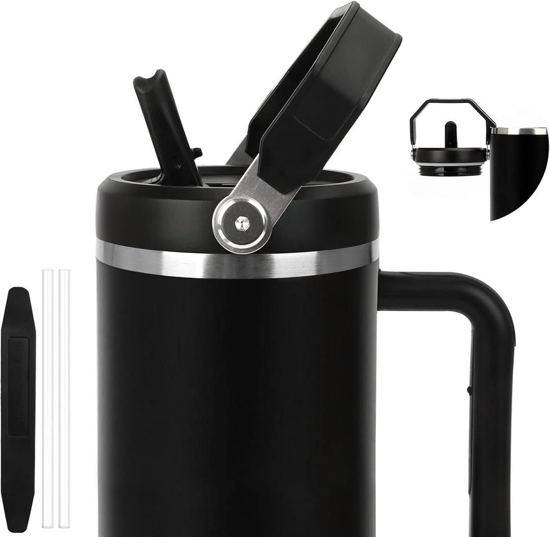 40oz Lid for Stanley Cup, Flip Straw Leak Proof Lids Replacement with Handle for 40oz Stanley Quencher and ProTour, No Spill Lids Reusable Removable Replacement Accessories for StanleyCup, (Black*1)