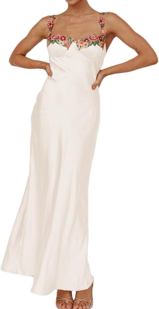Sexy Satin Spaghetti Strap Floral Embroidered Maxi Dress for Women Sweetheart Neckline Backless Sleeveless Slit Midi Dress XS