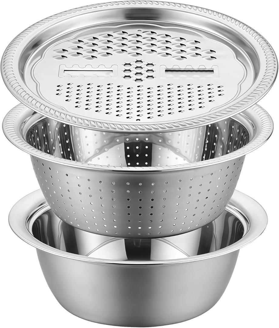 3 Pcs Multifunctional Stainless Steel Grater Bowl Set, 30 cm/11.8 in Large Mixing Basin, Colander for Kitchen Food Prep, Versatile Grater Lid, Induction Cooktop Compatible