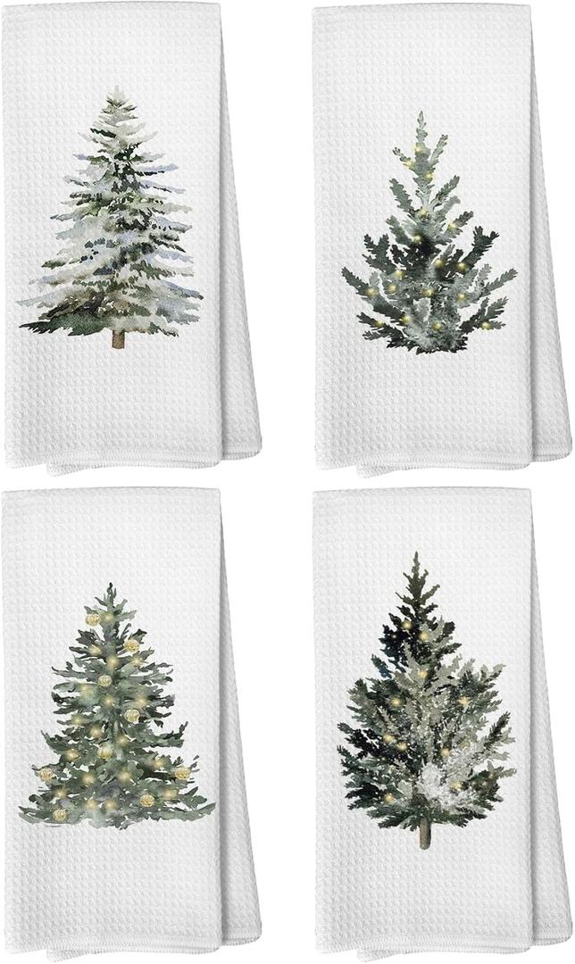 Winter Christmas Tree Kitchen Towels, Vintage Christmas Tree Decor, Farmhouse Green Xmas Tree Holiday Hand Dish Tea Towels for Bathroom Kitchen, 16x24 Inch Set of 4 (Multicolor)