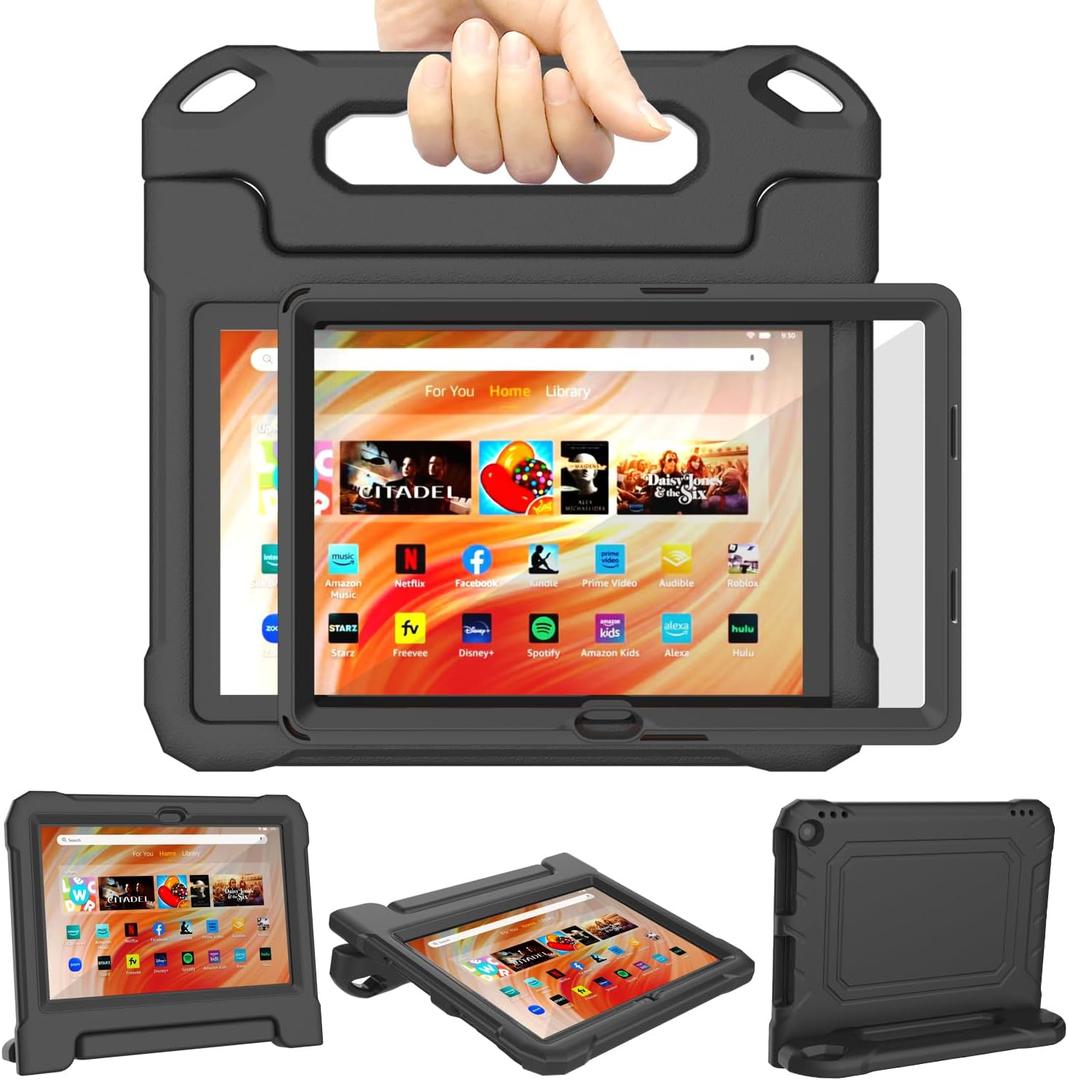 DJ&RPPQ 10in Tablet Kids Case,Shockproof Kid-Proof Cover with Protector Handle Stand Black