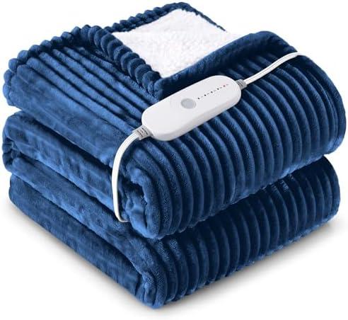HYLEORY Heated Blanket Electric Twin, Soft Flannel Sherpa Heater 5 Heat Settings and 10 Hours Auto Shut-Off Heating Blanket ETL Certification Over-Heat Protection Machine Washable,Navy Blue