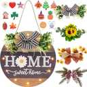 Interchangeable Seasonal Welcome Sign Front Door Decoration with 4 Seasonal Wreaths and LED Light, Rustic Round Wood Wreaths Wall Hanging Outdoor, Farmhouse Front Door Decoration Home Dcor