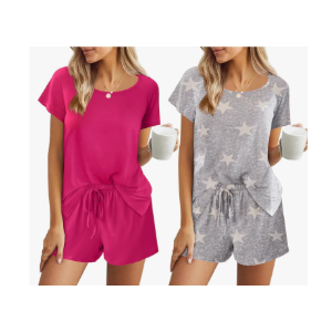 Ekouaer 2 Pack Womens Pajama Sets Short Sleeve Sleepwear Soft Crew Neck Pj Shorts Set Printed Loungewear Set, Medium