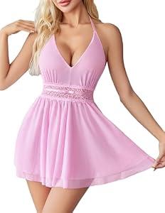 Avidlove Lace Babydoll Chemise Sexy Lingerie Sheer Mesh Sleepwear Boudoir Nighty Backless Pink Small